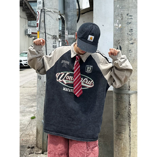 XBRO美式复古水洗做旧拼接古着vintage秋季长袖T恤男女撞色polo衫