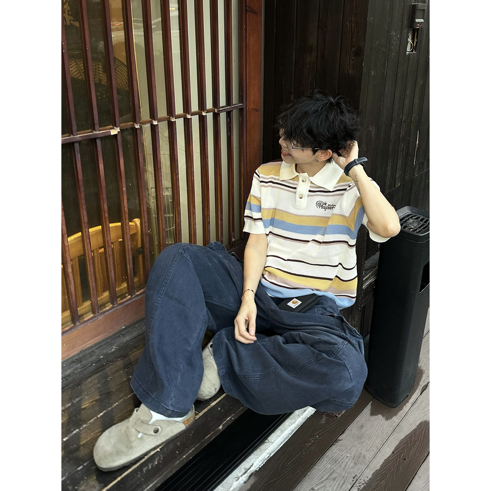 XBRO复古撞色镂空针织条纹polo衫男女宽松慵懒男女夏季短袖上衣bf