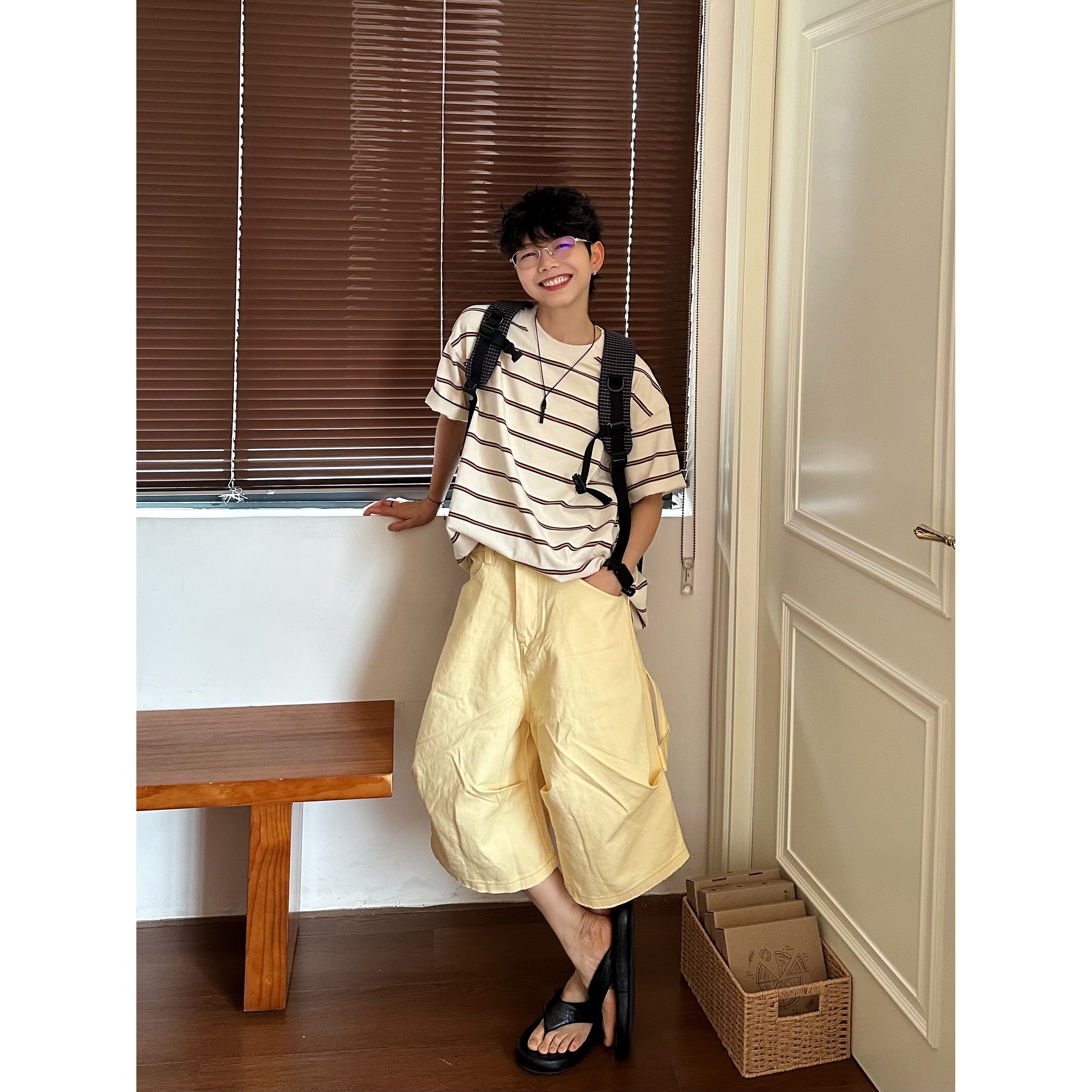 XBRO美式复古弯刀褶皱宽松阔腿多巴胺七分裤男女休闲度假短裤中裤