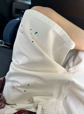 XBRO美式复古夏季白色泼墨喷漆五分裤男女百搭学生直筒牛仔短裤潮