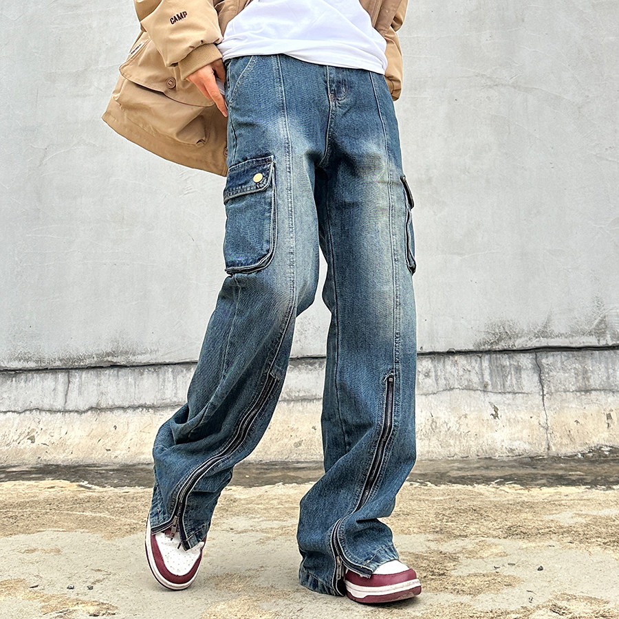 xbro做旧丹宁复古水洗磨旧裤脚拉链多口袋直筒修身显瘦牛仔裤男女