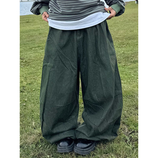 XBRO重磅水洗韩系廓形宽松拖地阔腿裤绿色大码男女牛仔裤肥腿裤子