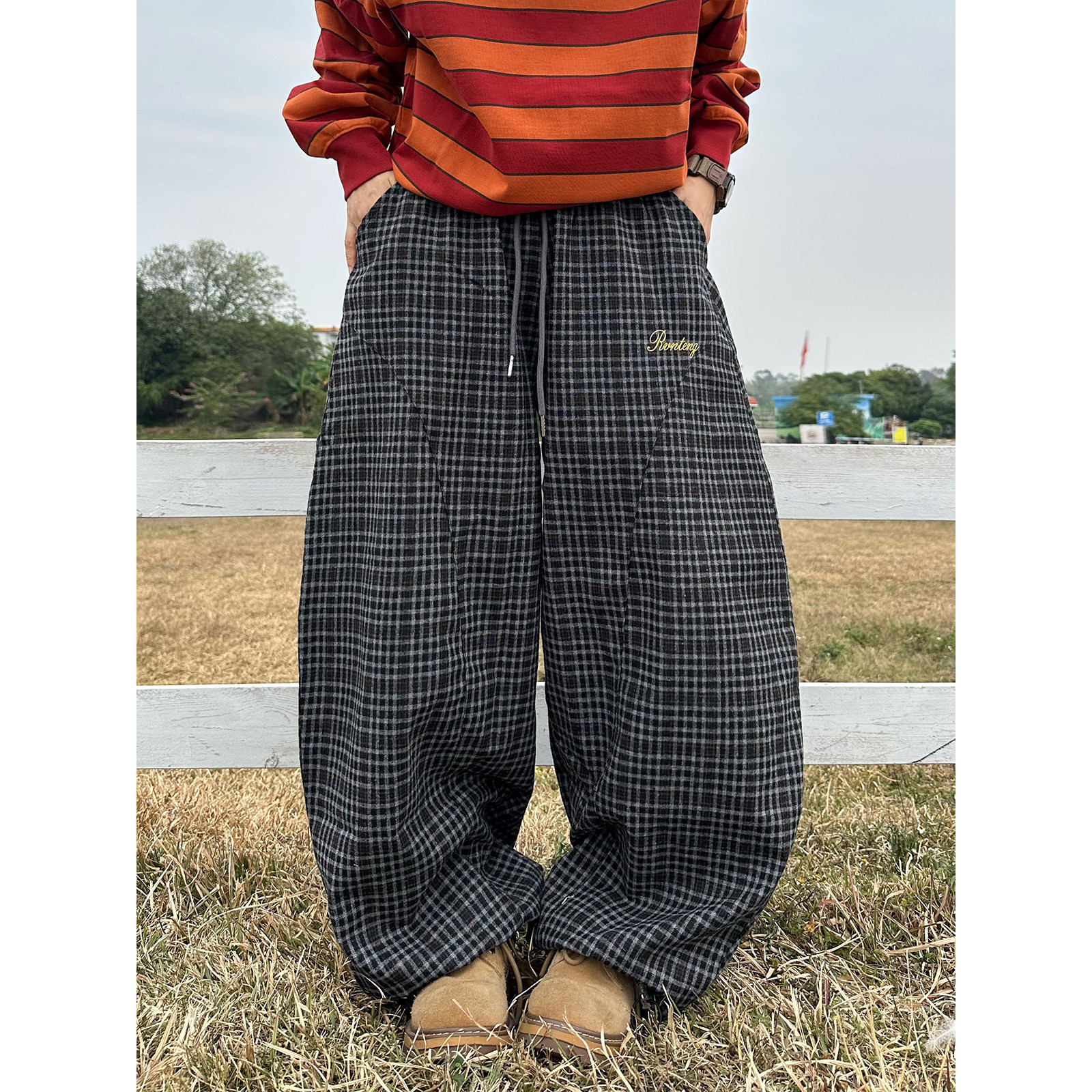 XBRO美式复古磨毛格子弯刀裤男女慵懒感阔腿显瘦街舞垂感拖地长裤,男装,休闲裤,淘宝优惠券,粉丝福利购,淘宝优惠卷