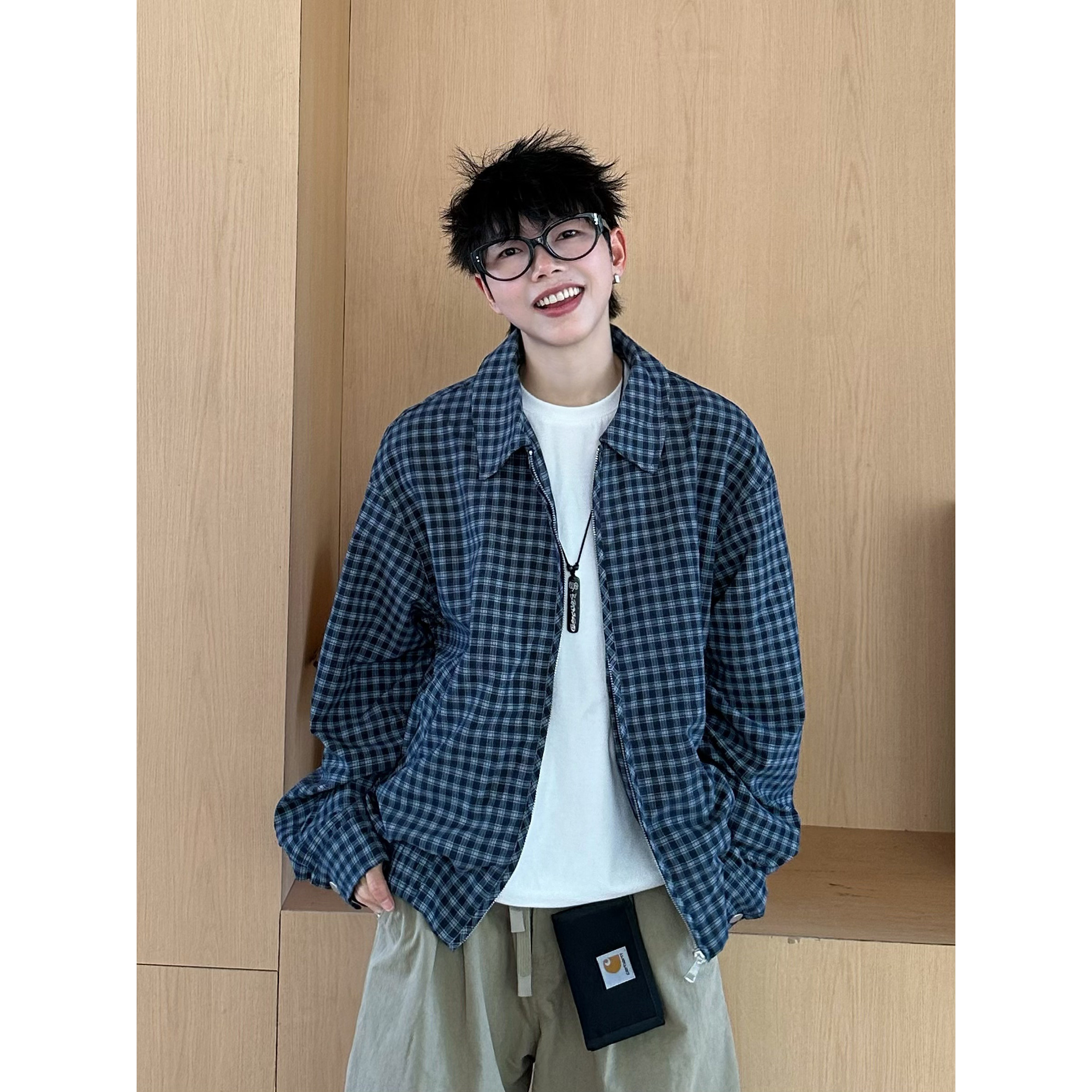 XBRO日系复古短款夹克翻领开衫男女短款廓形中性休闲收腰格子外套