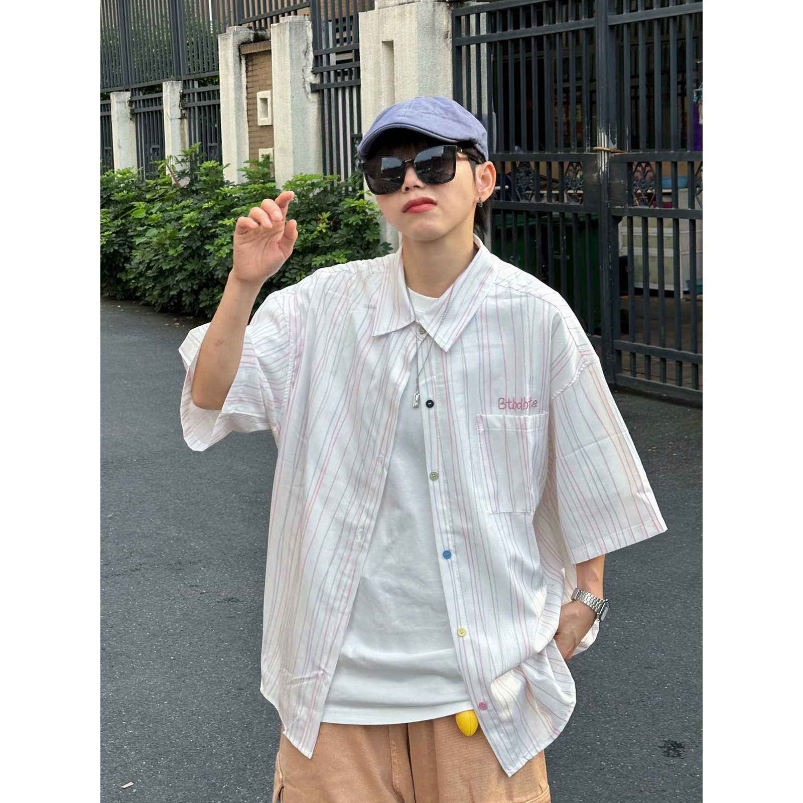 XBRO美式休闲条纹刺绣彩色扣子设计短袖衬衫男女衬衣夏季休闲外套