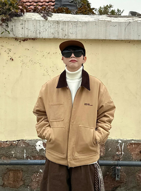 XBRO美式复古黄色宽松撞色刺绣冬季保暖中性棉服外套男女工装棉衣