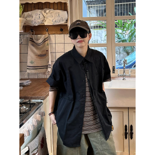 男女中性高级黑色短袖 衬衫 宽松衬衣外套 半袖 XBRO日系复古古着夏季