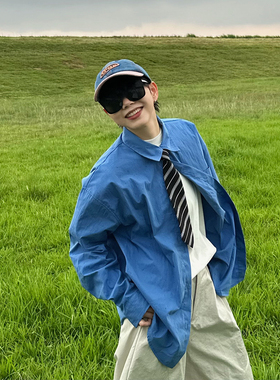 XBRO港风复古蓝色春秋季宽松慵懒无性别长袖衬衫男女薄款外套衬衣