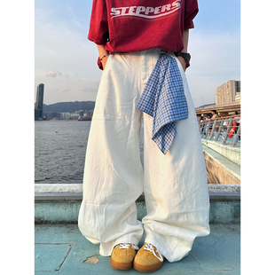 XBRO美式复古男女夏季宽松白色休闲裤方巾显瘦可拆解弯刀阔腿裤潮