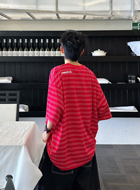 XBRO美式复古红色条纹圆领短袖T恤男女刺绣宽松休闲百搭tee慵懒潮