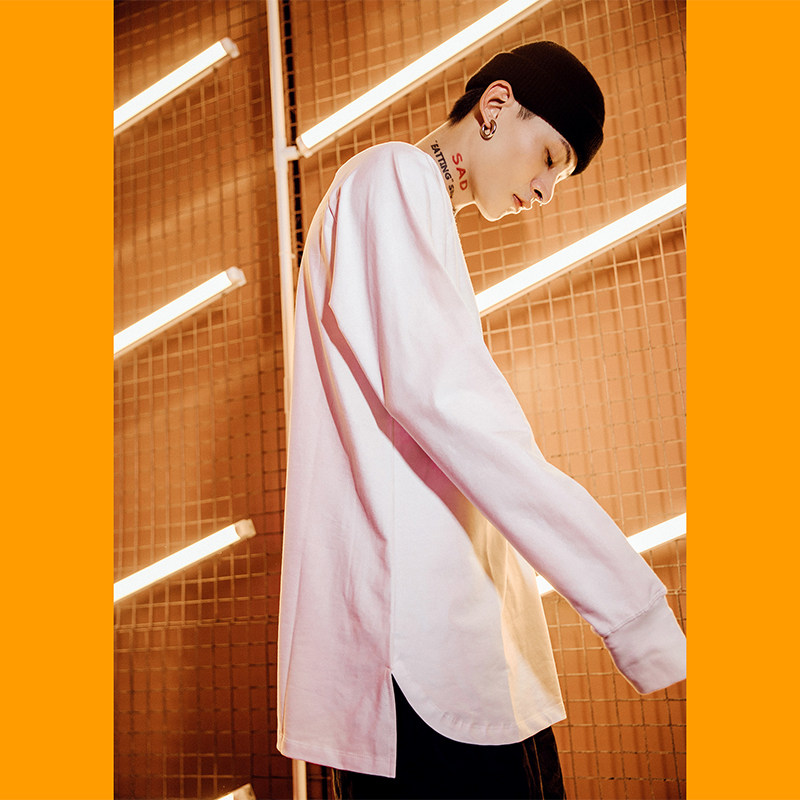 ins欧美开叉白色嘻哈打底长袖T恤