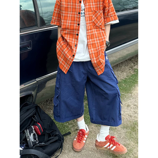 XBRO美式复古夏季多口袋宽松直筒阔腿工装七分裤男女短裤中裤子潮