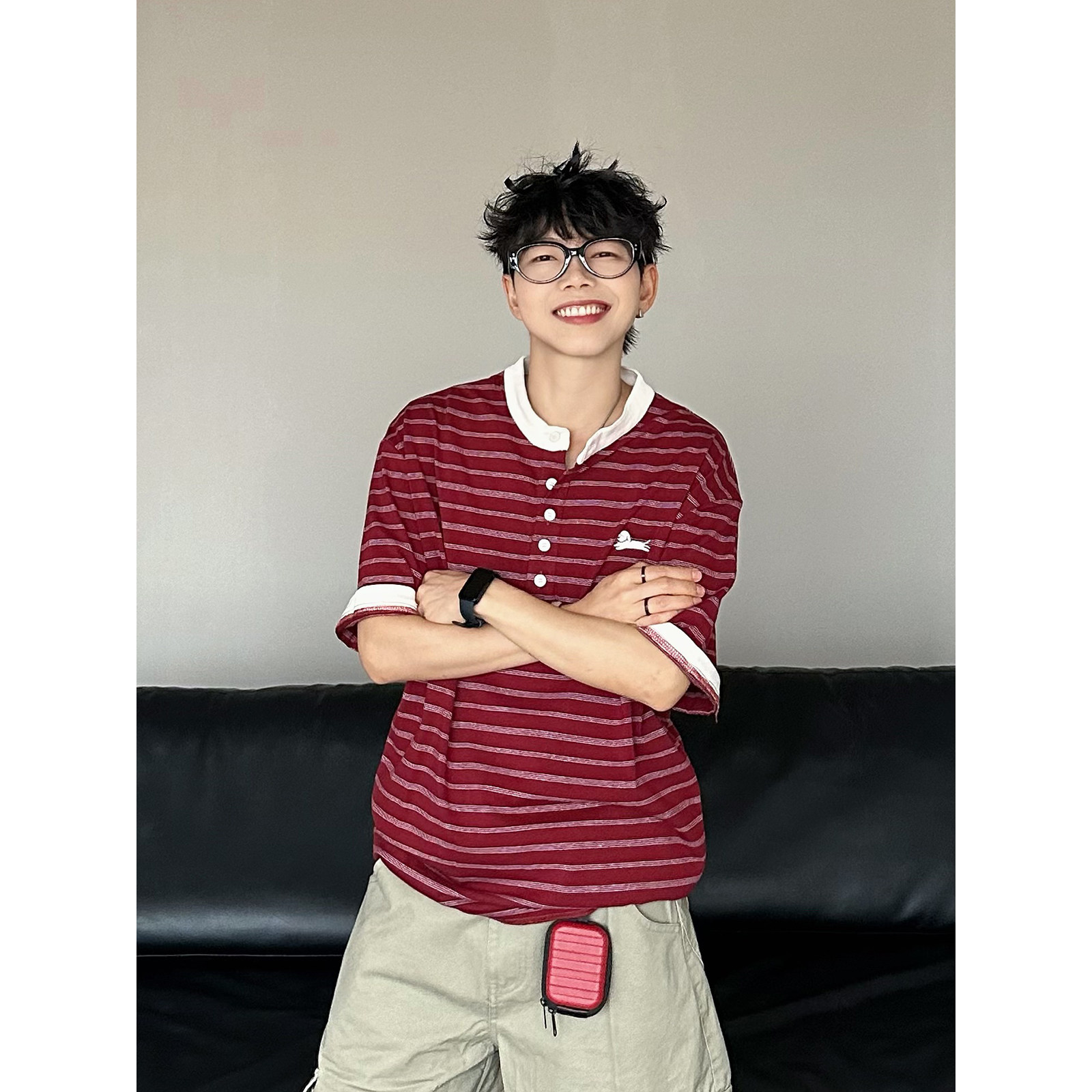 XBRO美式复古夏季小狗刺绣亨利领短袖T恤男女五分袖红色条纹半袖