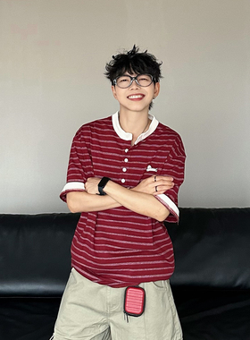 XBRO美式复古夏季小狗刺绣亨利领短袖T恤男女五分袖红色条纹半袖