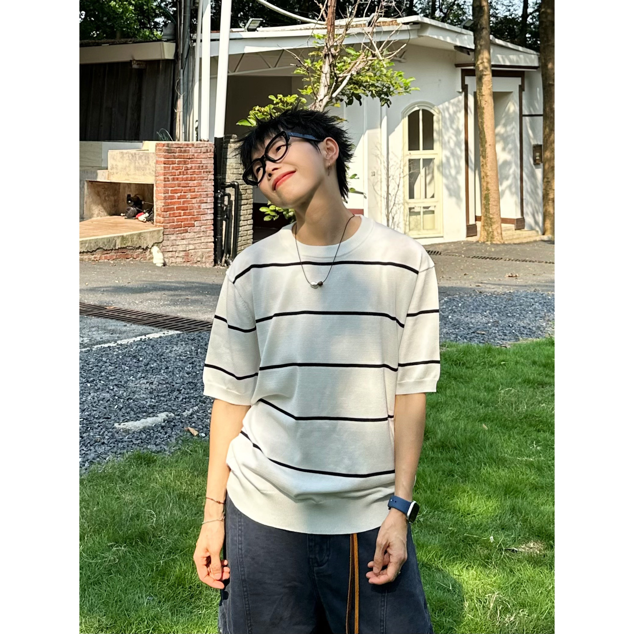 XBRO夏季针织正肩条纹度假风宽松慵懒miu系男女五分袖轻熟短袖T恤