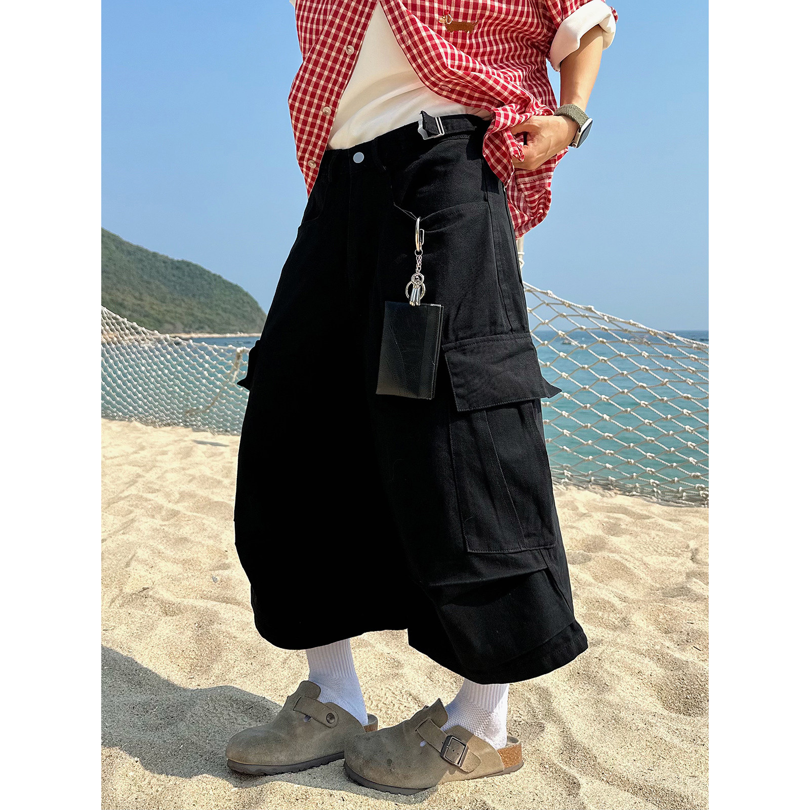 XBRO美式复古多口袋褶皱工装裤男女宽松阔腿显瘦夏季七分裤短裤bf