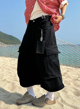 XBRO美式复古多口袋褶皱工装裤男女宽松阔腿显瘦夏季七分裤短裤bf