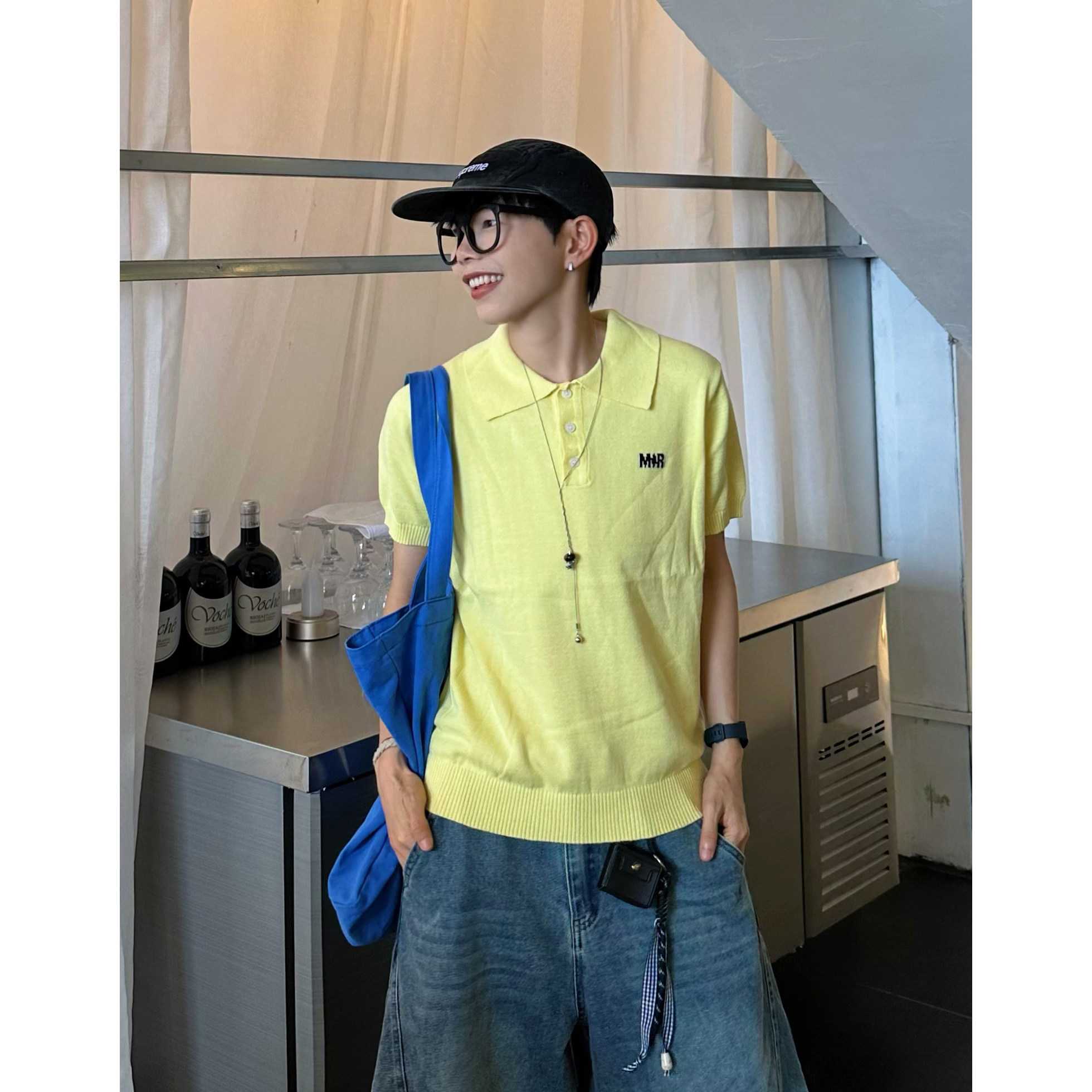 XBRO韩系度假风奶黄色刺绣polo衫男女短款夏季miu系针织短袖T恤bf