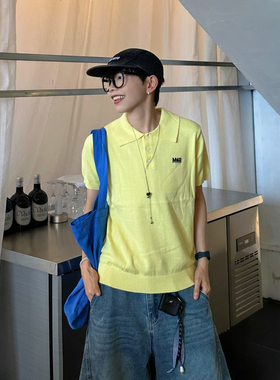 XBRO韩系度假风奶黄色刺绣polo衫男女短款夏季miu系针织短袖T恤bf