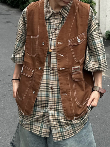 XBRO日系复古阿美咔叽多口袋工装伐木日潮明线小众设计感牛仔马甲