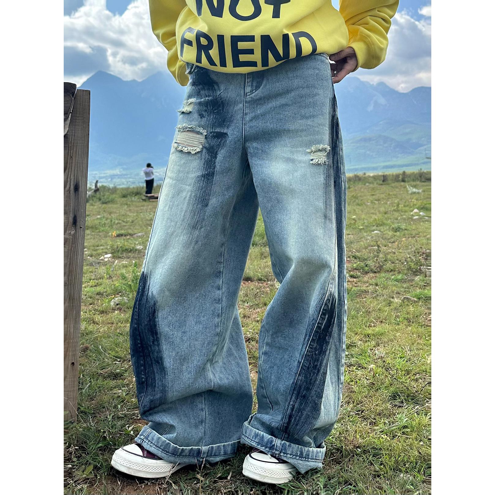 XBRO美式复古涂鸦香蕉弯刀裤刷漆涂鸦垂感拖地辣妹显瘦牛仔裤男女