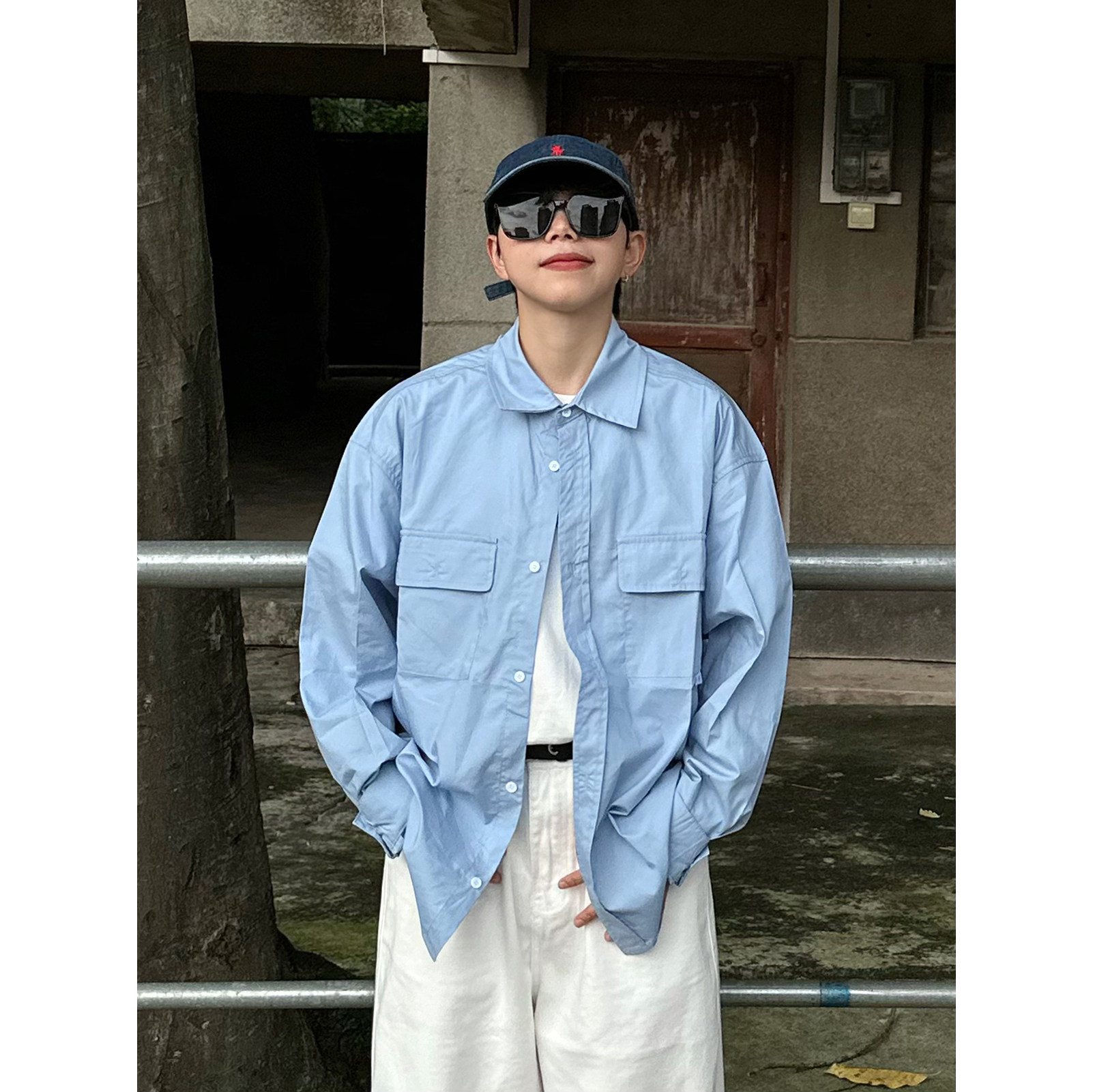 XBRO日系复古多口袋工装cityboy浅蓝色宽松男女长袖衬衫春秋衬衣,男装,衬衫,淘宝优惠券,粉丝福利购,淘宝优惠卷