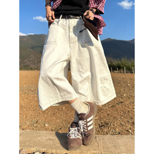 XBRO日系复古夏季白色小众阔腿明线宽松休闲工装牛仔裤男女七分裤