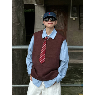 XBRO日系复古酒红色套头V领针织坎肩毛衣男女春秋季马甲宽松背心