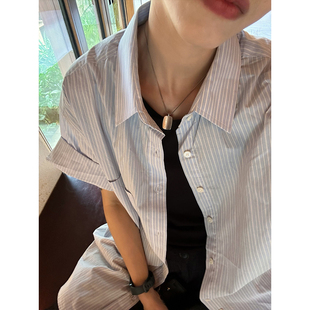 XBRO韩系清新蓝色条纹短袖衬衫男女慵懒网红百搭宽松夏季中袖衬衣