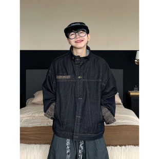 XBRO日系复古拼接撞色立领牛仔夹克男女宽松慵懒春秋无性别外套bf