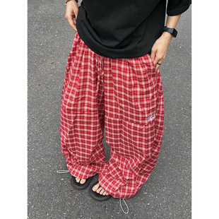 XBRO夏季薄款多巴胺弯刀宽松慵懒阔腿裤拖地堆积伞兵裤格子休闲裤