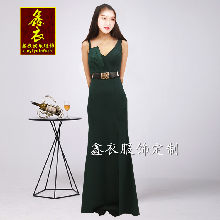 墨绿色佳丽长裙夜场弹力模特服