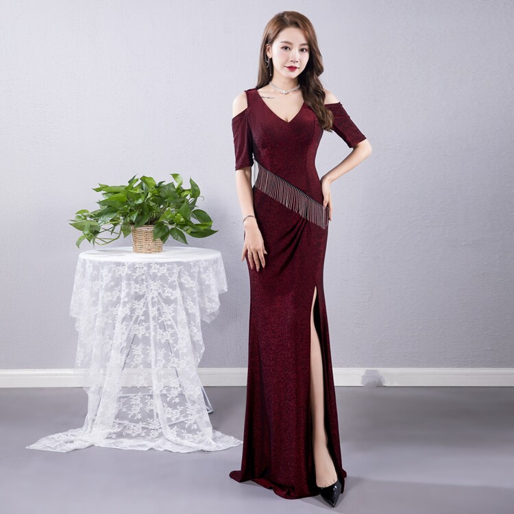 新款ktv佳丽修身弹力晚礼服长款公关工作服短袖性感长裙沐足技师