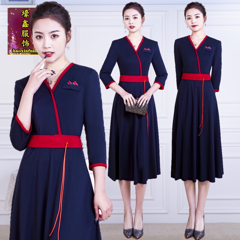茶妹美容技师工作服连衣裙修身