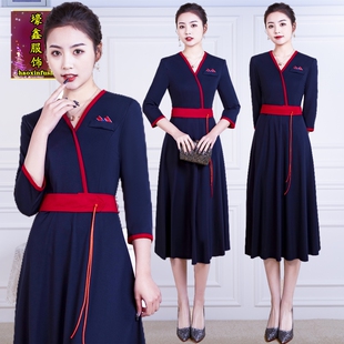 新款茶师美容工作服技师茶妹连衣裙茶艺高端弹力修身中长裙