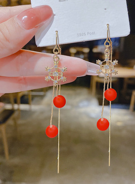 红色珍珠长款雪花耳线女网红ins百搭耳饰高级感925防过敏银针耳环