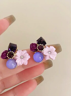 复古优雅紫色水晶花朵耳钉小众独特高级冷风耳环个性百搭耳饰