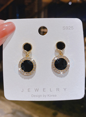 925银针黑色圆片锆石耳环 韩国气质网红耳钉女小众耳环港风耳饰