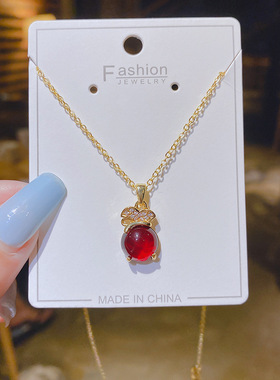 铜镶锆石网红韩版时尚潮款红色玛瑙钱袋项链女嘴唇锁骨链百搭饰品