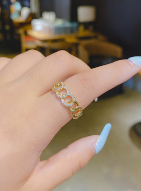 铜镶锆石真金电镀戒指女ins潮轻奢冷淡风食指网红小众设计复古女