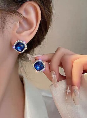 S925银针韩国气质时尚蓝色水晶耳钉精致法式复古耳环女精致耳饰品