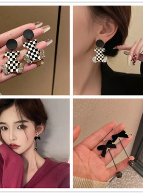 2022新品个性黑白色棋盘格子S925小熊耳环高级感抖音同款可爱耳饰