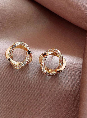 S925银针韩国气质不对称镶钻耳环长款流苏耳坠个性月亮耳坠耳饰品