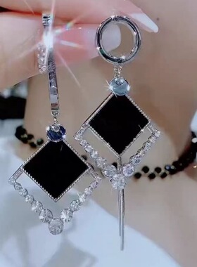 黑色菱形流苏高级感耳环气质长款几何不对称设计感夸张显瘦潮耳饰