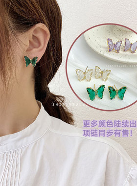 925银针耳环2022新品水晶蝴蝶锁骨链项链女短款ins小众网红颈链