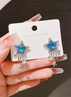 轻奢高级感蓝色五角星锆石耳环个性气质百搭耳钉时尚满钻耳饰