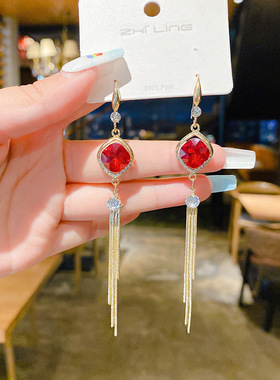 流苏蓝色水晶耳环韩国气质长款网红菱形几何耳钩2021新品潮