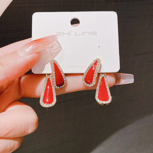 2024新款潮红色复古轻奢镶钻水滴耳钉小众设计高级感轻奢气质百搭