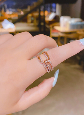 铜镶锆石真金电镀冷淡风锆石戒指女ins潮日系轻奢指环开口戒食指