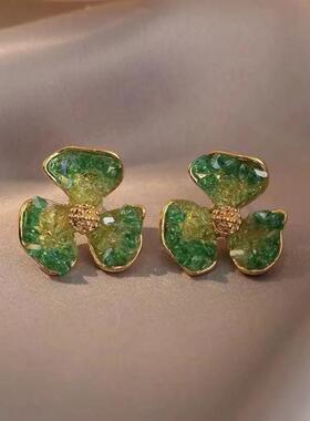 2023年新款潮轻奢绿色水晶花朵耳环女清新气质小众设计高级感耳钉